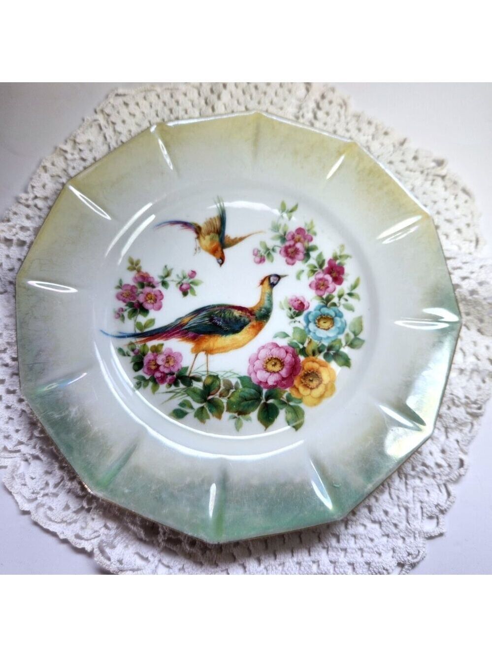 Bird of Paradise Pheasant Plate Made in Germany 7.5" Diameter 12 Sided Floral